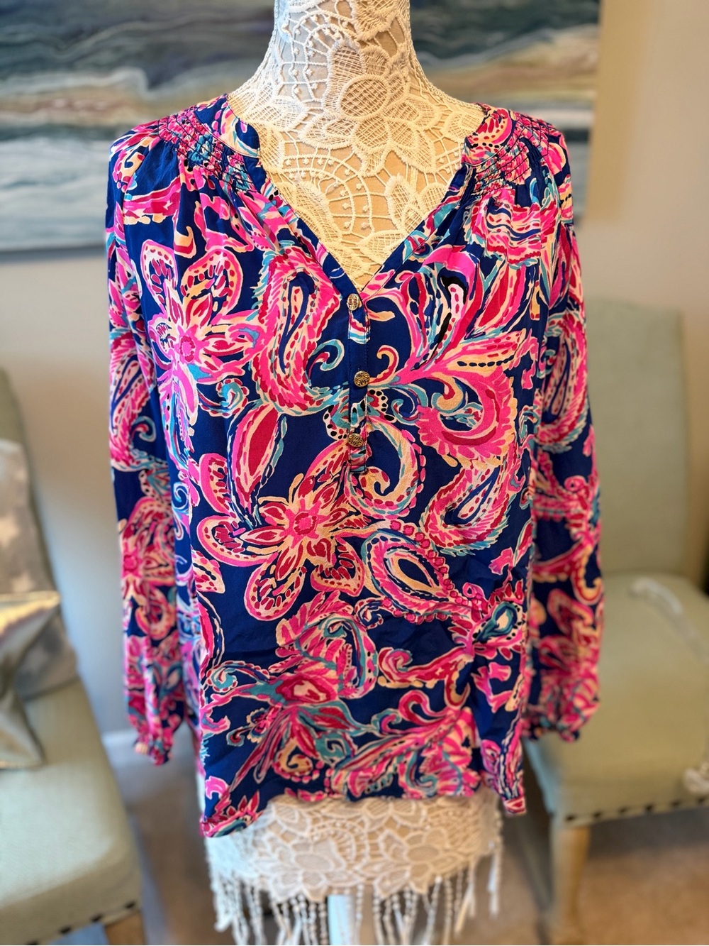 Lilly Pulitzer Women’s Floral V-Neck Blouse in Navy and Pink